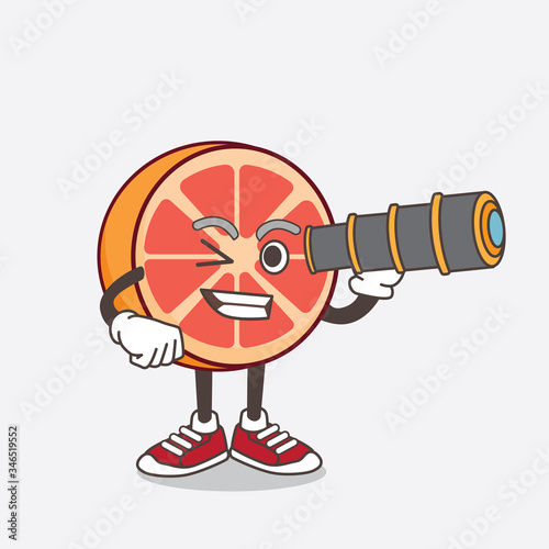 Grapefruit cartoon mascot character using a monocular