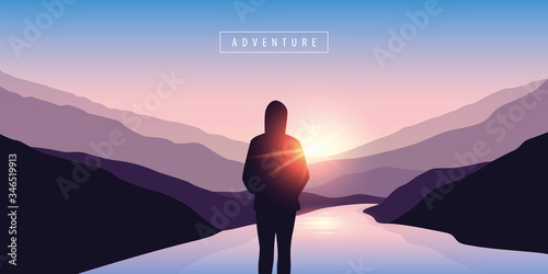 lonely girl silhouette at sunset by the river in nature vector illustration EPS10