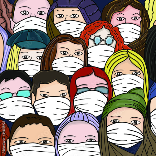 People in masks from the virus. A lot of people are standing around, a crowd. White background. Color vector illustration. Hand-drawn with a pen
