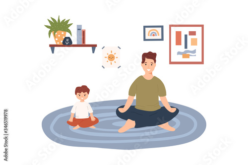 Young father and son sitting in yoga posture and meditate at cozy home. Sport and healthy lifestyle during quarantine. Yoga with kids, family time concept. Flat cartoon vector illustration.