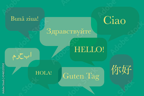 Speech bubbles with word hello written in different languages (from left to right): Arabic, Romanian, Spanish, Russian, German, English, Italian, Chinese.