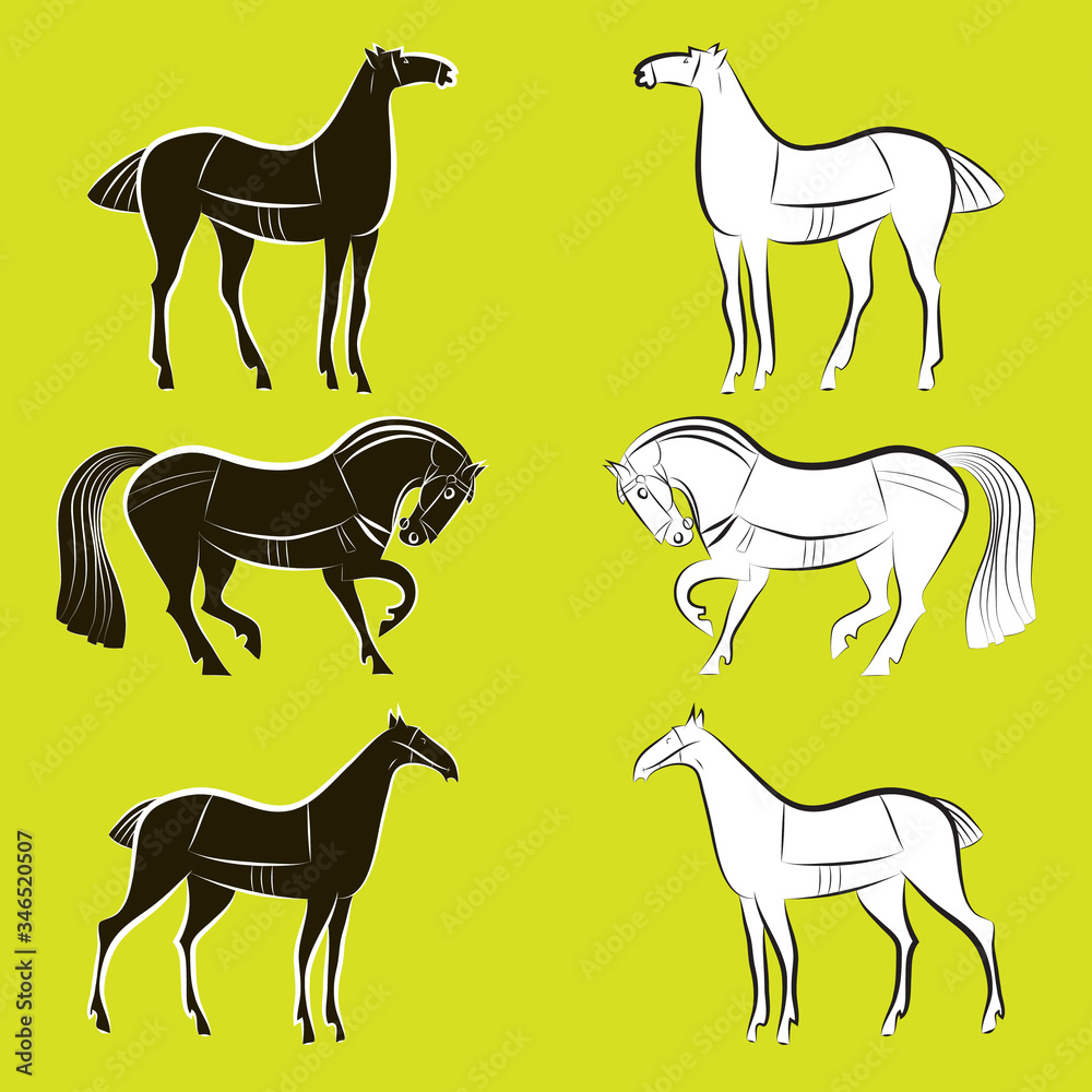 Vector set of black and white horses silhouettes