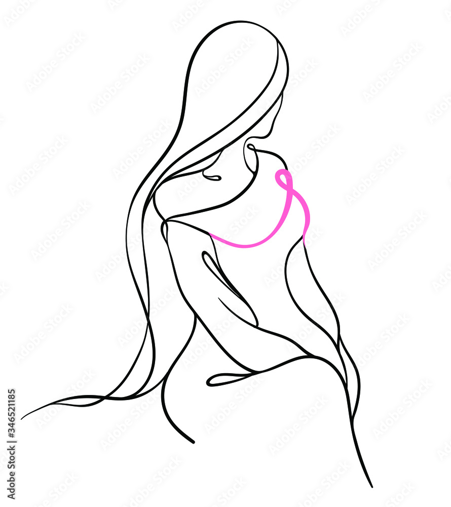 Girl silhouette with pink ribbon on the chest. Breast cancer awareness month, continuous line, drawing of body, woman, black - minimalist tattoo concept.
