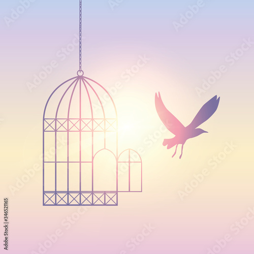 bird flies out of the cage into the sunny sky vector illustration EPS10