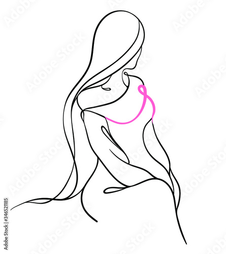 Girl silhouette with pink ribbon on the chest. Breast cancer awareness month, continuous line, drawing of body, woman, black - minimalist tattoo concept.
