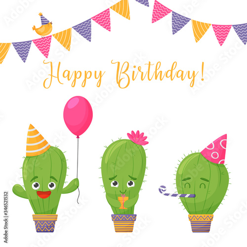 Birthday card. Funny cartoon cacti on a white background