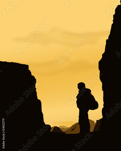 Silhouette of Person Standing in between Rocks Travelling Portrait Illustration Background design.
