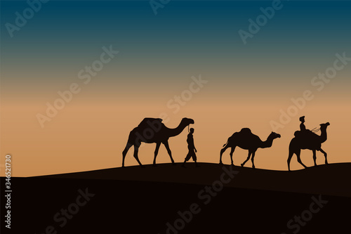 Two Caravan with camels in the desert with mountains on background. Vector illustration designed by alfaysal360.