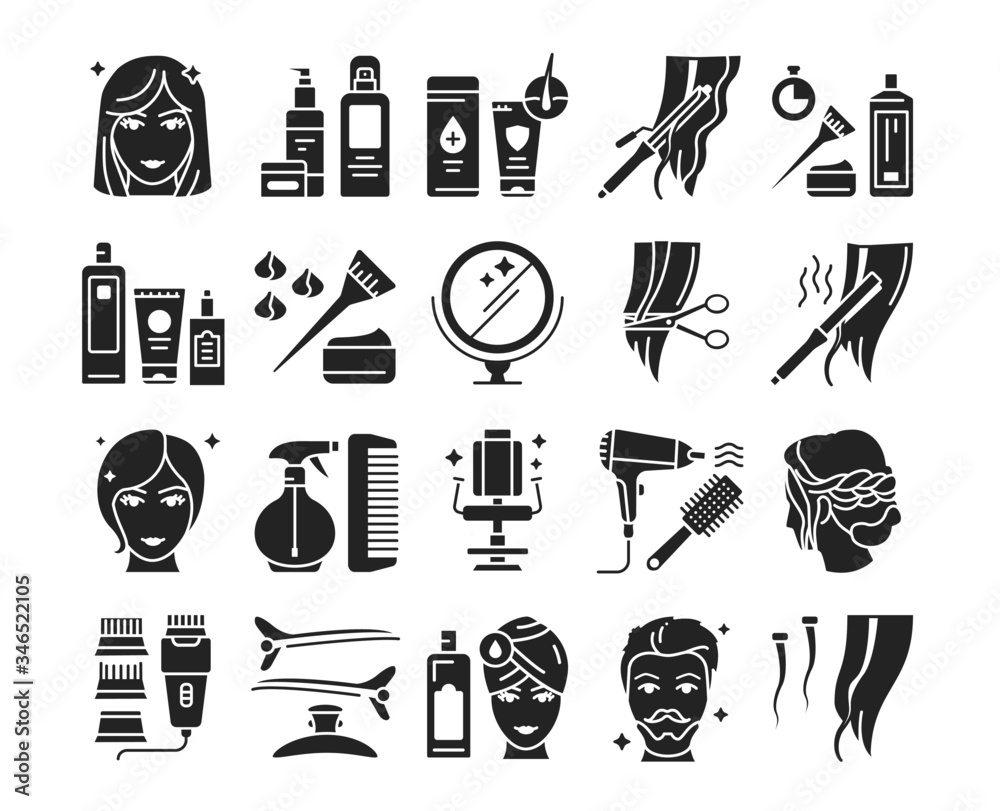 Hairdresser Service Black Glyph Icons Set Professional Hair Styling Beauty Industry 2165