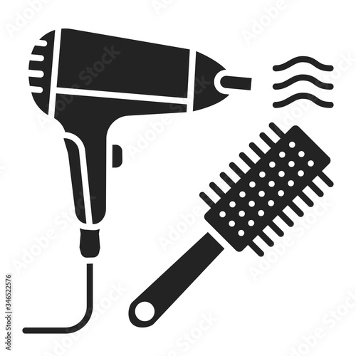 To dry hair black glyph icon. Hair styling items, dryer and hairbrush. Hairdresser services. Beauty industry. Pictogram for web page, promo. UI UX GUI design element