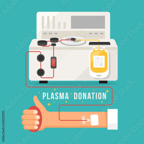 Plasma donation concept with Blood donated from the arm into platelet machines and Plasma bag vector design