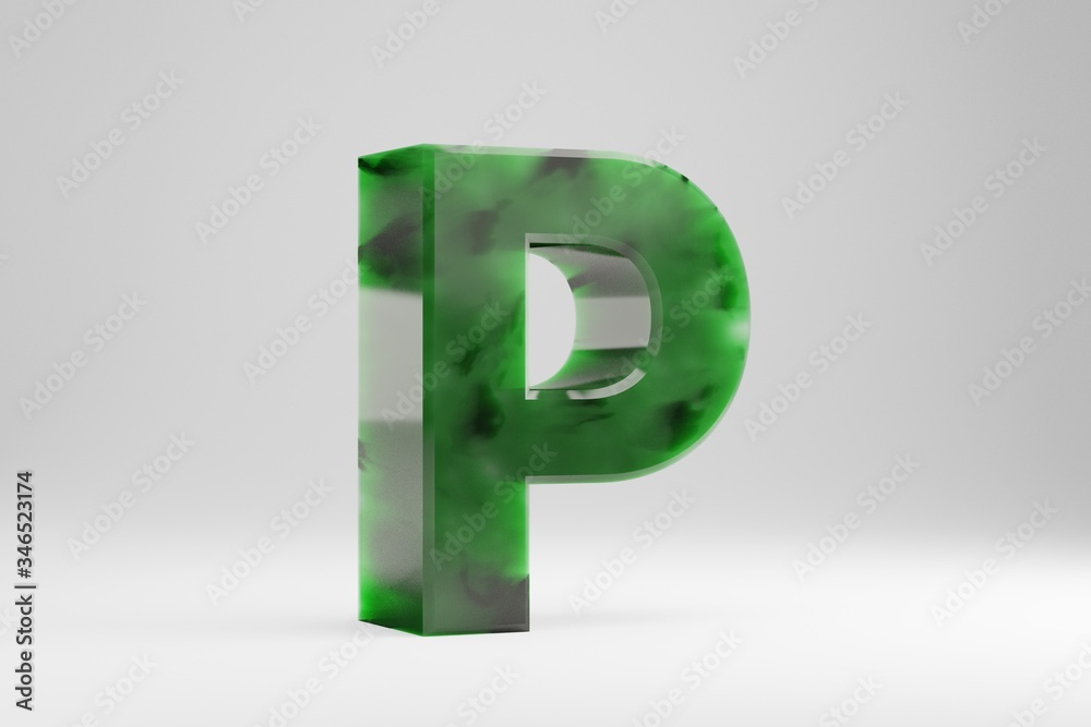 Jade 3d letter P uppercase. Jade letter isolated on white background. Green jade semitransparent stone alphabet. 3d rendered font character. Jade 3d letter P uppercase. Jade letter isolated on white background. Green jade semitransparent stone alphabet. 3d rendered font character.