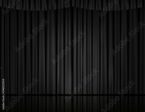 Black velvet curtain in theater or cinema. Vector background with closed stage curtains with drapery, spot of light and reflection on glossy floor. Black fabric drapes lit by searchlight