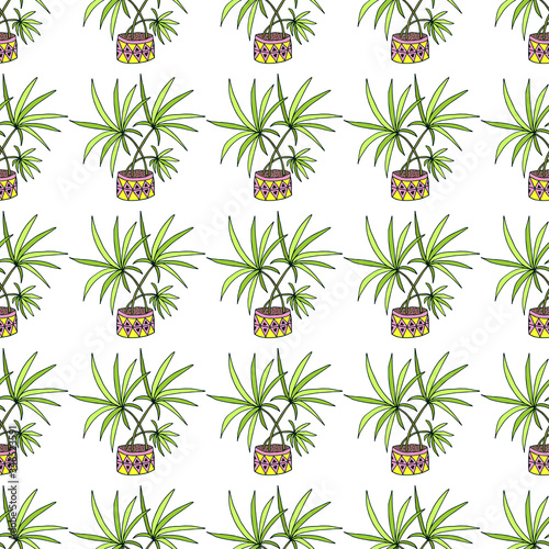 Seamless pattern with cute hand drawn flower plants in pots. Doodle vector bright illustration house plants for your designes of packaging, clothing, textile and mutch more.