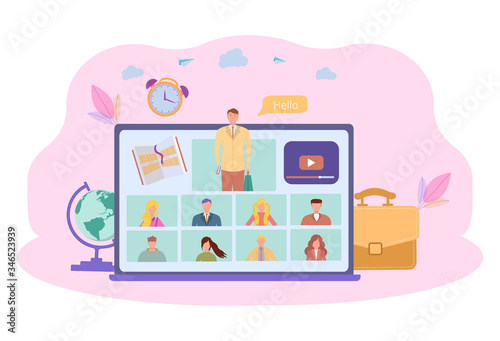 Internet class. Stay at school. The teacher conducts classes online. Studying at home via teleconferencing Web-based video conferencing during the coronavirus COVID-19. Emergency school, college test