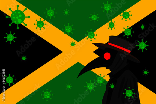 Black plague doctor surrounded by viruses with copy space with JAMAICA flag.