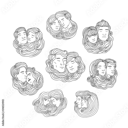 head of Male and female relationship couple drawing in long hair tie them up vector illustration