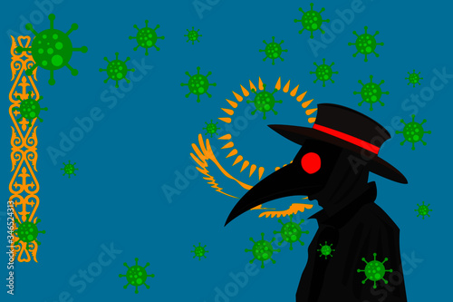 Black plague doctor surrounded by viruses with copy space with KASAKHSTAN flag.