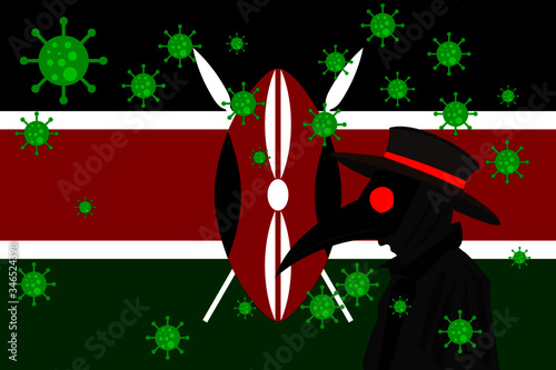Black plague doctor surrounded by viruses with copy space with KENYA flag.