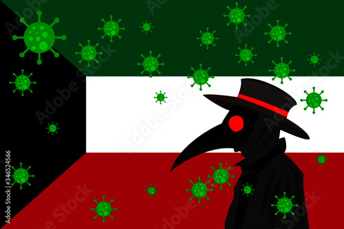 Black plague doctor surrounded by viruses with copy space with KUWAIT flag.