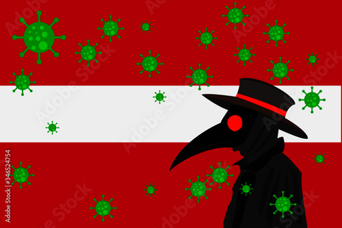 Black plague doctor surrounded by viruses with copy space with LATVIA flag.