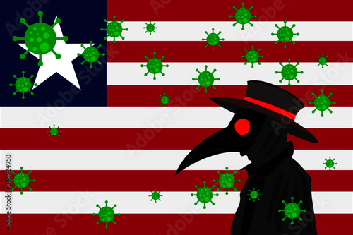 Black plague doctor surrounded by viruses with copy space with LIBERIA flag.