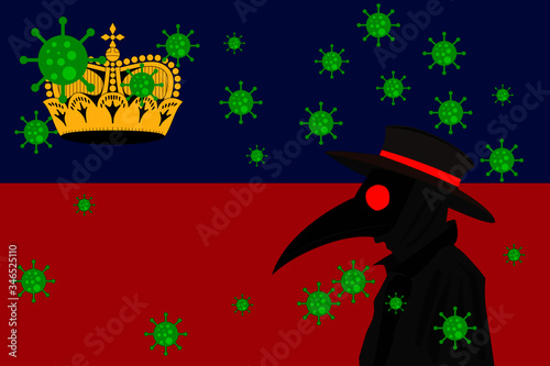 Black plague doctor surrounded by viruses with copy space with LIECHTENSTEIN flag.