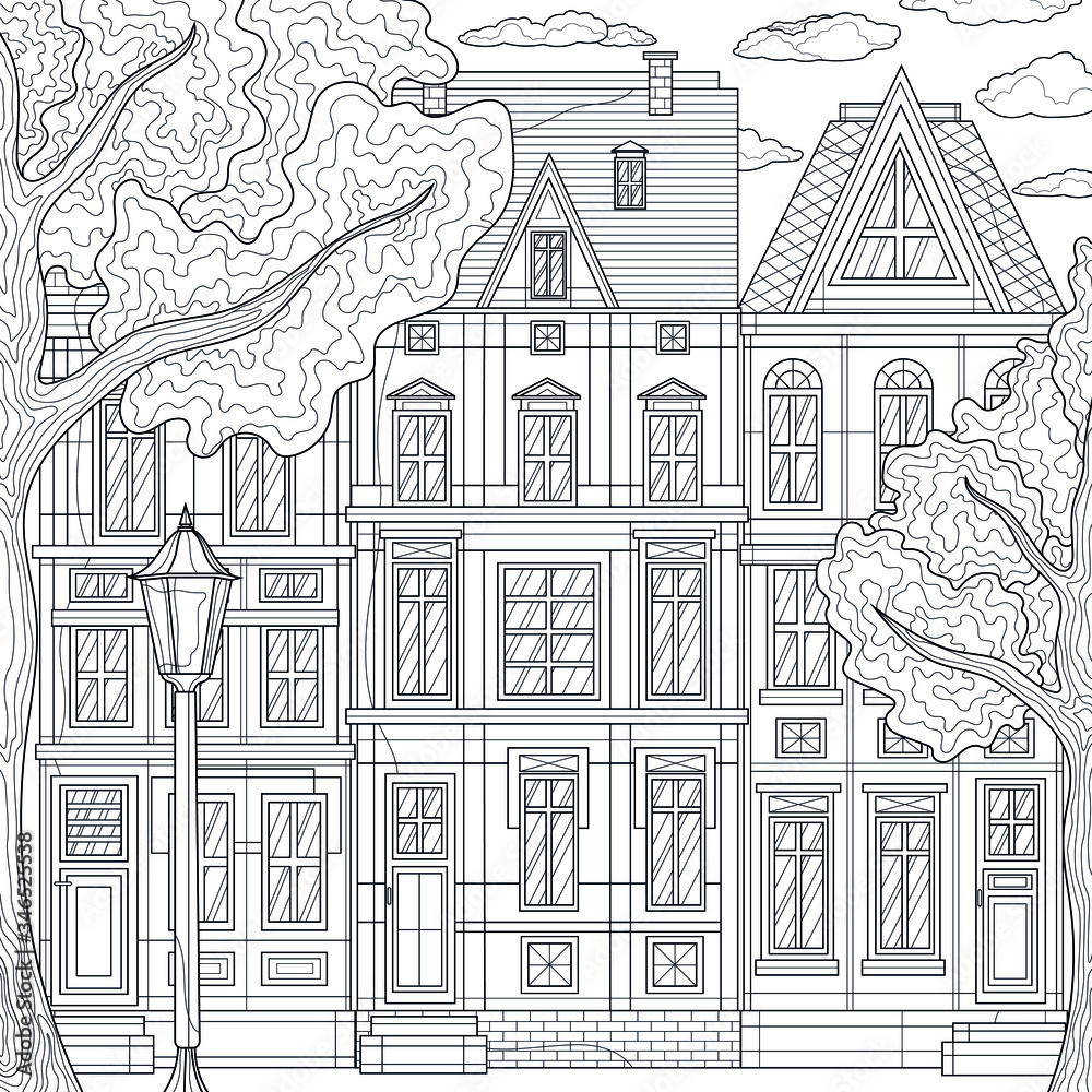 European street. Buildings and around trees.House.Coloring book antistress for children and adults. Illustration isolated on white background. Black and white drawing.Outline style.