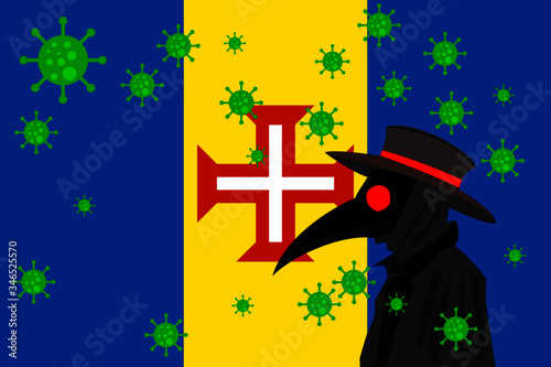 Black plague doctor surrounded by viruses with copy space with MADEIRA flag.