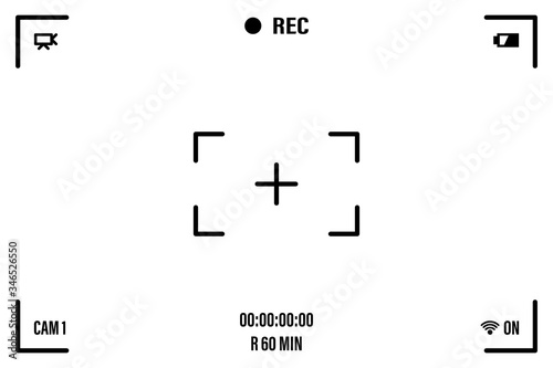 Camera screen with white frame, figures and battery symbol. Camcorder viewfinder on black background. Vector illustration for your graphic design