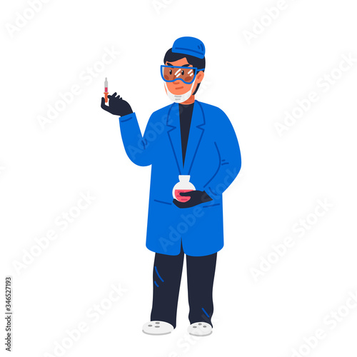 scientist - Man scientist in lab coat checking red substance in dropper. Vaccine development. Scientific research, fight against covid-19. Flat style vector illustration on white background.