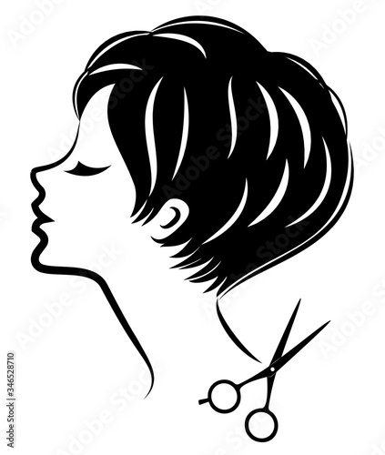 Silhouette of a cute lady. The girl shows a hairstyle on medium and short hair and scissors. Suitable for logo, hairdresser advertising. Vector illustration