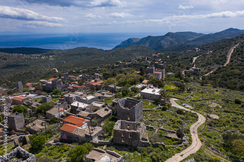 Aerial view of Lagia village on Mani semi-island, Peloponnese, Greece