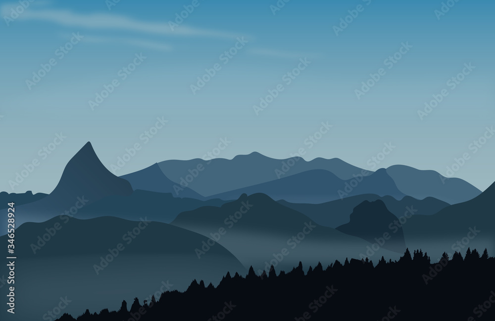 Vector Illustration of beautiful Dark Blue Mountain landscape with fog.