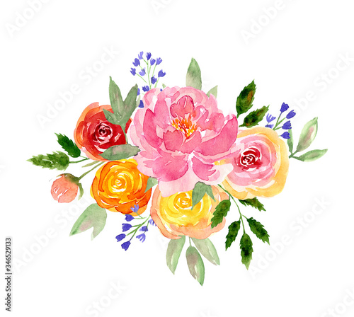 Watercolor loose style pink, red, peach ostin rose, peony, blue bell flower and green leaves bouquet. Modern trendy template border for invitation, wedding, banner, greeting card design, poster