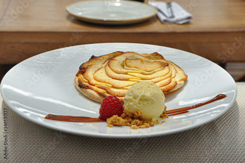Apple cake with ice cream and strawberry 