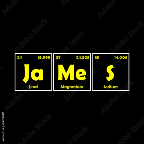 James - logo t-shirt. Chemistry name. Name design in the form of chemical elements. Name print on clothes.