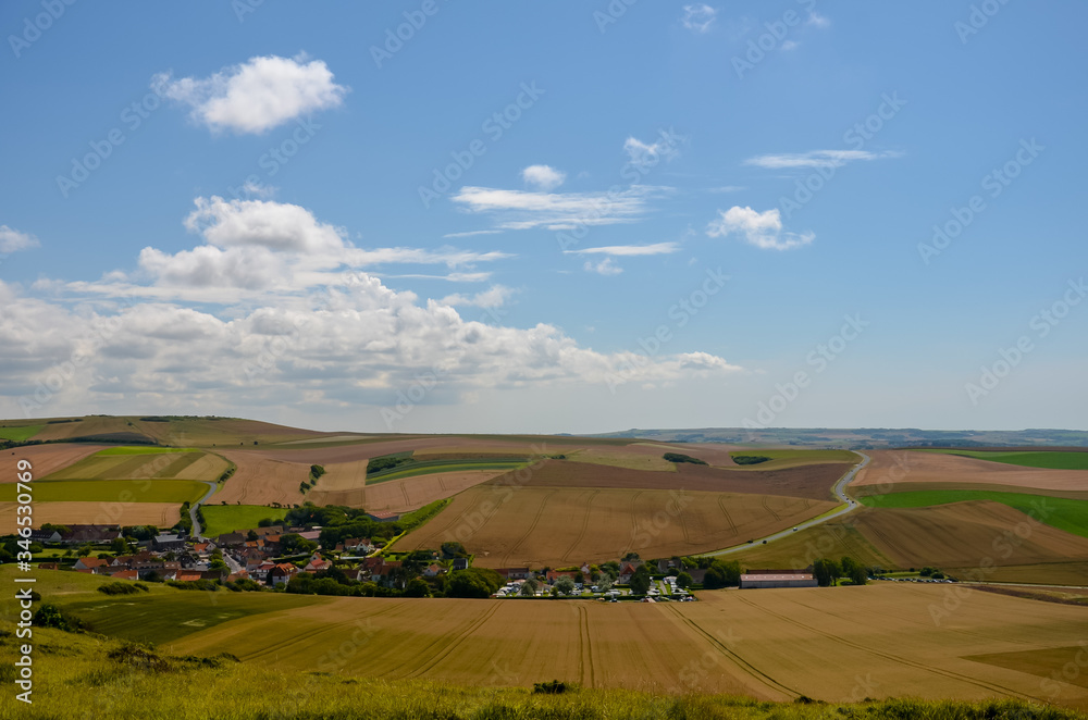 View of a french town (Escalles), from a neighbouring hill, on a nice summer day