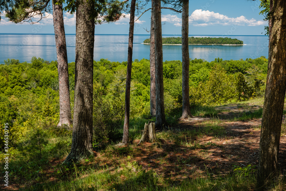 From beneath the shade provided by the pines, looking north over the calm waters of Green Bay, Nicolet Bay and Horseshoe Island from within Peninsula State Park, Fish Creek, Door County, Wis in June - obrazy, fototapety, plakaty 