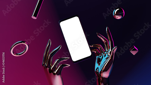 Smartphone cyberpunk composition 3D render white screen gold hands and objects in scene flying elements blu and purple background lights neon style modern concept abstract decoration frame place for