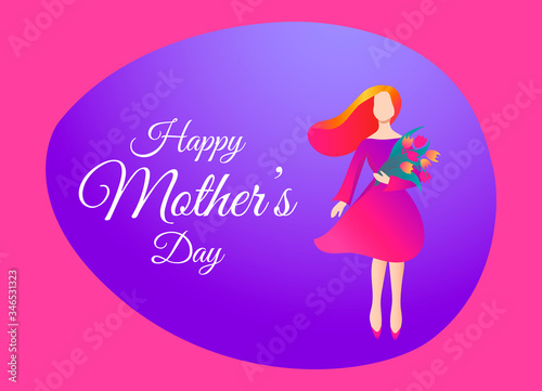 Happy Mother's Day Greeting Card. Beautiful Woman with a Bouquet of Flowers in a Trendy Style. Flat Design. 