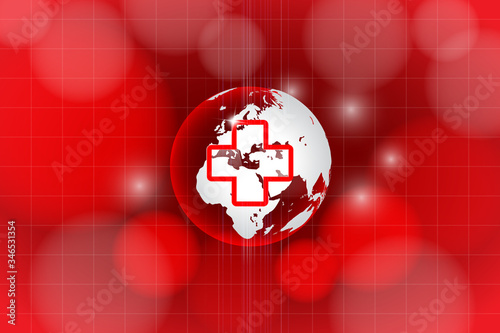 Earth digitally generated image and cross of light and stripes moving fast over red background