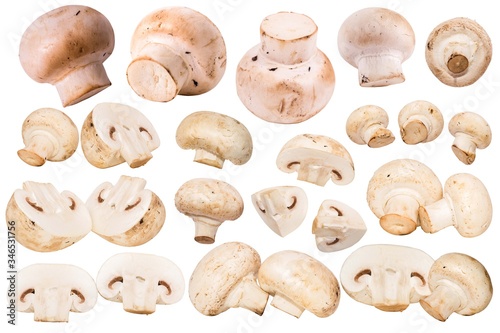 Fresh champignon mushrooms isolated on white background. Champignon mushroom slices. Big set of flying cut fresh mushrooms slices and quarters. Vegetable ingridients for cooking