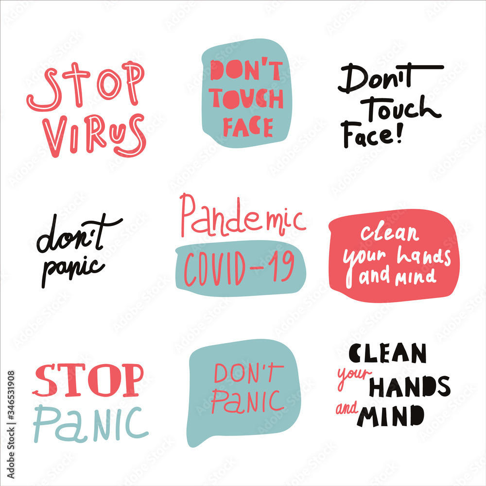 CoronaVirus letters set. Vector flat illustration in doodle style. Clean hands. To stay home. Stop the virus. Do not panic. Social distance. Wash your hands. Stay safe. Labels reflecting global events CoronaVirus letters set. Vector flat illustration in doodle style. Clean hands. To stay home. Stop the virus. Do not panic. Social distance. Wash your hands. Stay safe. Labels reflecting global events