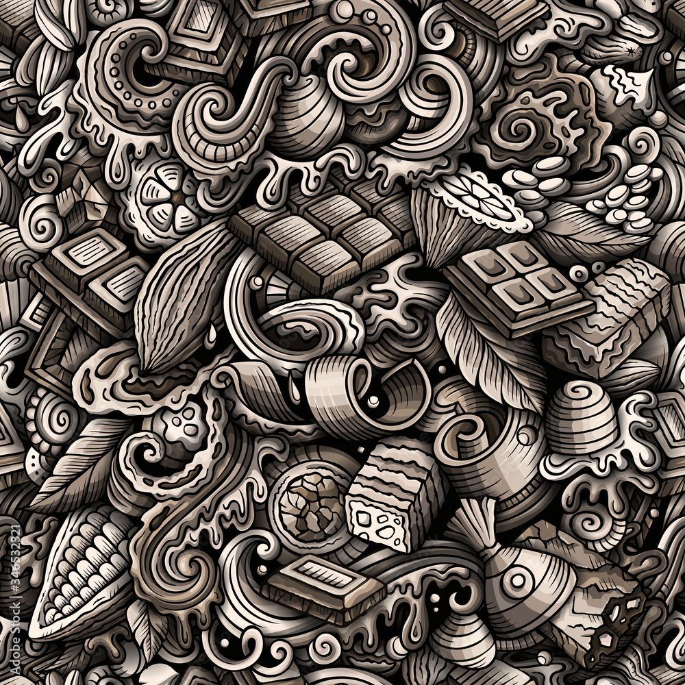 Chocolate hand drawn doodles seamless pattern. Cocoa vector illustration. Chocolate hand drawn doodles seamless pattern. Cocoa vector illustration.