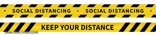 Social distancing tape. Warning Covid-19 tapes. Black and yellow line striped. Vector illustration