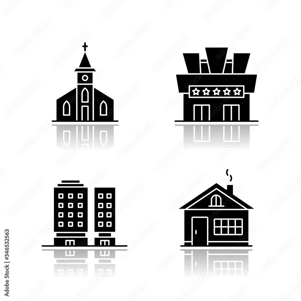 Urban buildings drop shadow black glyph icons set. Town church. Cinema theater entrance. Multiapartment city complex. Residential house. Isolated vector illustrations on white space