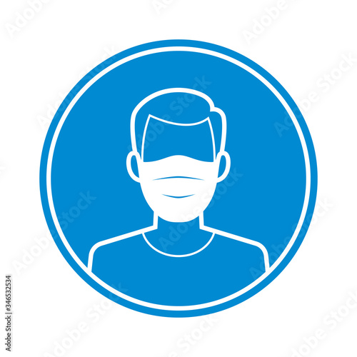 Vector blue circle sign - white silhouette man with medical face mask. Isolated on white background.