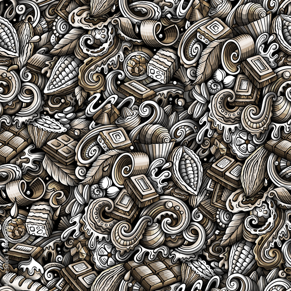 Chocolate hand drawn doodles seamless pattern. Cocoa vector illustration.