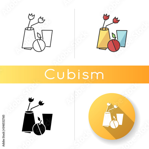 Cubism icon. Vase and fruit abstract composition. 20th century cultural movement. Still life minimal painting. Linear black and RGB color styles. Isolated vector illustrations